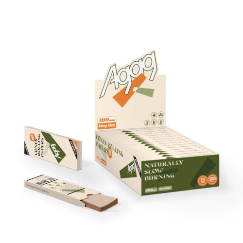 Agag-Wood-Pulp-Rolling-Paper-King-size-109mm-Acr101 Agag Classic 109mm King Size wood pulp rolling paper cones set, including a 'Naturally Slow Burning' display box and individual packs.