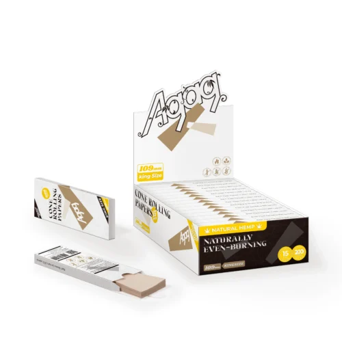 Agag natural hemp rolling papers display box containing 15 packs of 109mm king size organic papers