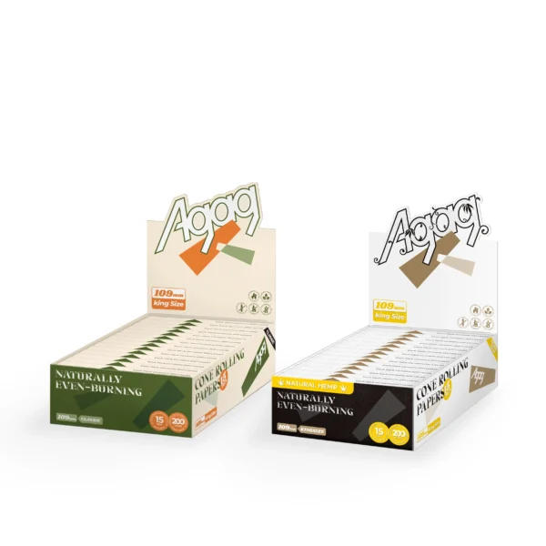 agag-109mm-rolling-papers-comparison-hemp-vs-wood-pulp Comparison of Agag 109mm king size rolling papers series: natural hemp rolling papers (white) versus classic wood pulp (green)