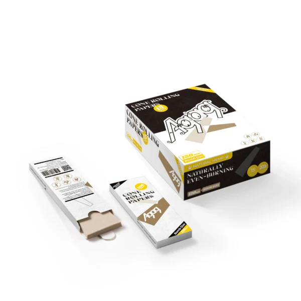 agag-120mm-bomb-size-hemp-rolling-papers-display-box Agag natural hemp rolling papers display box and single pack, featuring 120mm bomb size organic papers