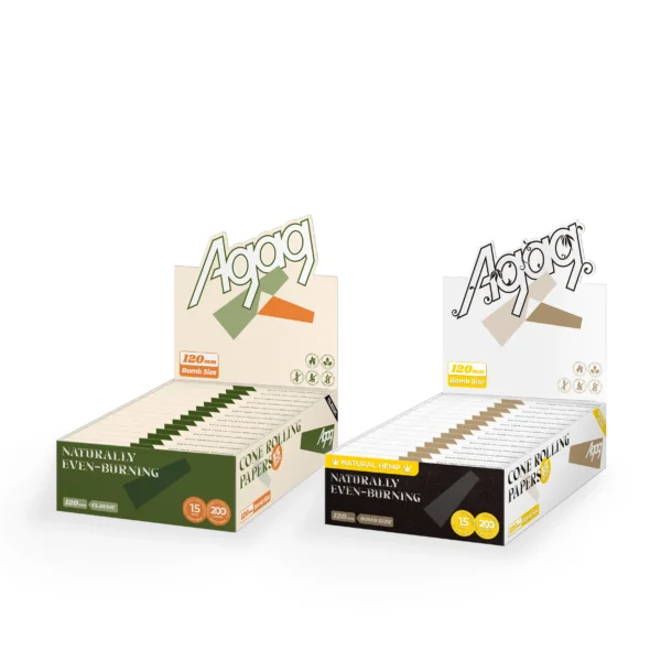agag-120mm-rolling-papers-comparison-hemp-vs-wood-pulp Comparison of Agag 120mm bomb size rolling papers series: natural hemp rolling papers (white) versus classic wood pulp (green)