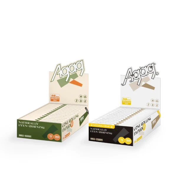 Comparison of Agag 98mm rolling papers series: classic wood pulp (green) versus natural hemp (white) display boxes