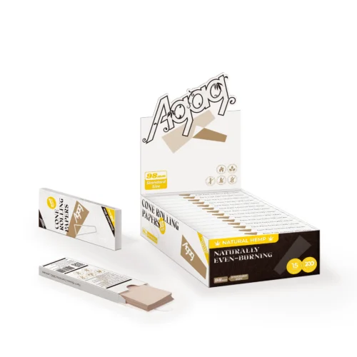 Agag natural hemp rolling papers display box containing 15 packs of 98mm standard size organic papers