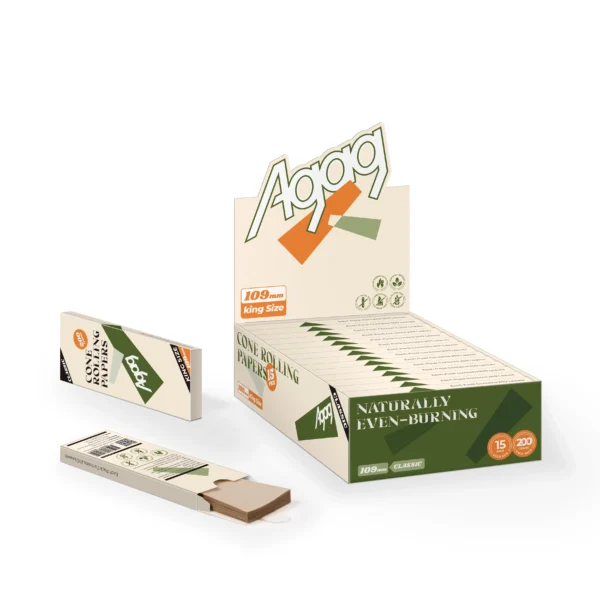Agag classic wood pulp rolling papers display box containing 15 packs of 109mm king size unbleached papers