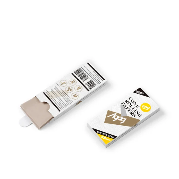 Back of Agag hemp rolling paper pack showing organic certifications, vegan-friendly badge, and barcode