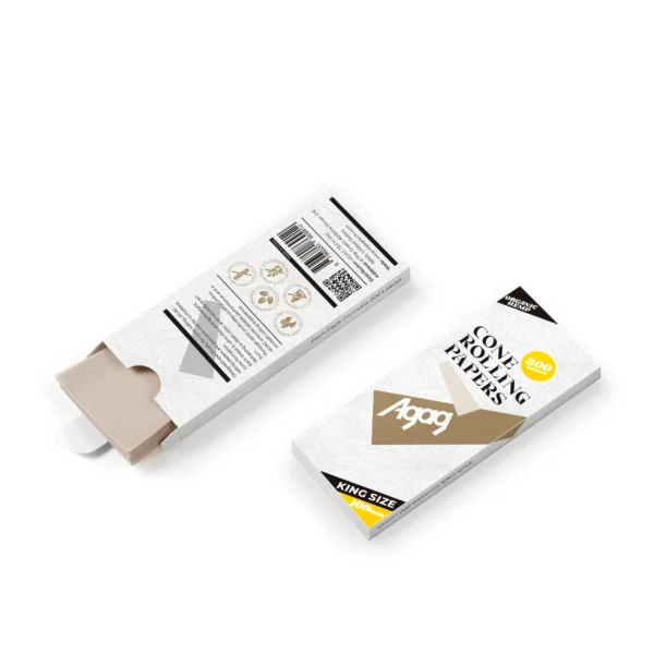 agag-hemp-rolling-papers-back-label-certifications-109mm Back label of Agag king size hemp rolling papers pack highlighting organic, vegan, and chlorine-free certifications