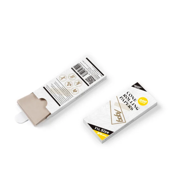 Back label of Agag 1 1/4 size hemp rolling papers pack highlighting organic, vegan, and chlorine-free certifications