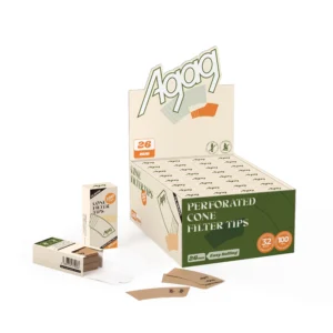 Agag perforated cone filter tips display box containing 32 packs of unbleached kraft papers tips