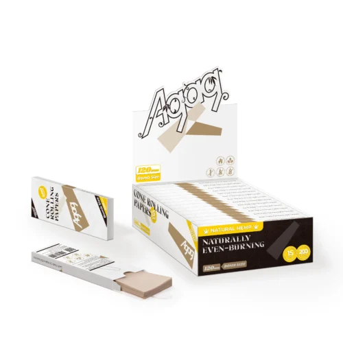 Open display box of Agag natural hemp rolling papers containing 15 packs of 120mm bomb size sheets
