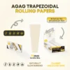 Infographic showing Agag trapezoidal hemp rolling paper shape and slow-burning organic features