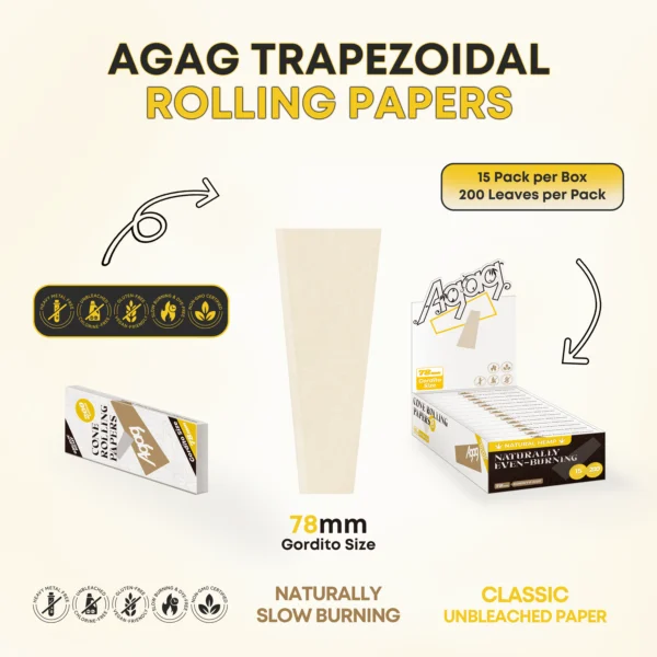 Infographic showing Agag trapezoidal hemp rolling paper shape and slow-burning organic features