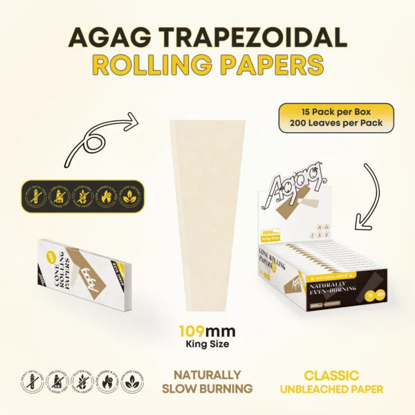 agag-trapezoidal-hemp-rolling-papers-features-109mm-king-size Infographic of Agag 109mm hemp rolling papers showing trapezoidal cone shape and naturally slow-burning organic features