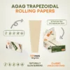 Infographic of Agag 109mm wood pulp rolling papers showing trapezoidal cone shape and naturally slow burning unbleached paper