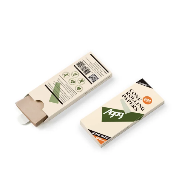 Back label of Agag 109mm king size wood pulp rolling papers pack highlighting slow burning, vegan, and chlorine-free certifications