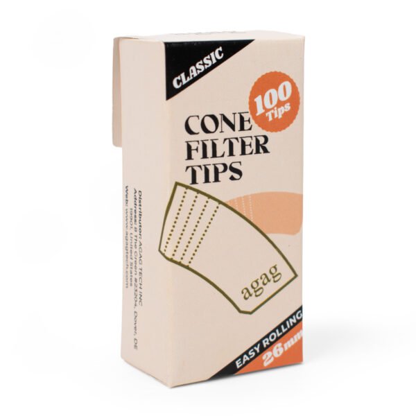 Agag perforated cone filter tips display box containing 32 packs of unbleached kraft papers tips