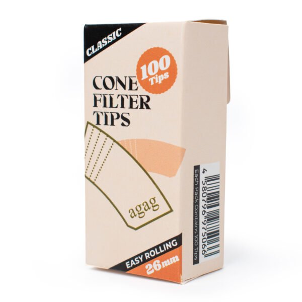 Agag perforated cone filter tips display box containing 32 packs of unbleached kraft papers tips